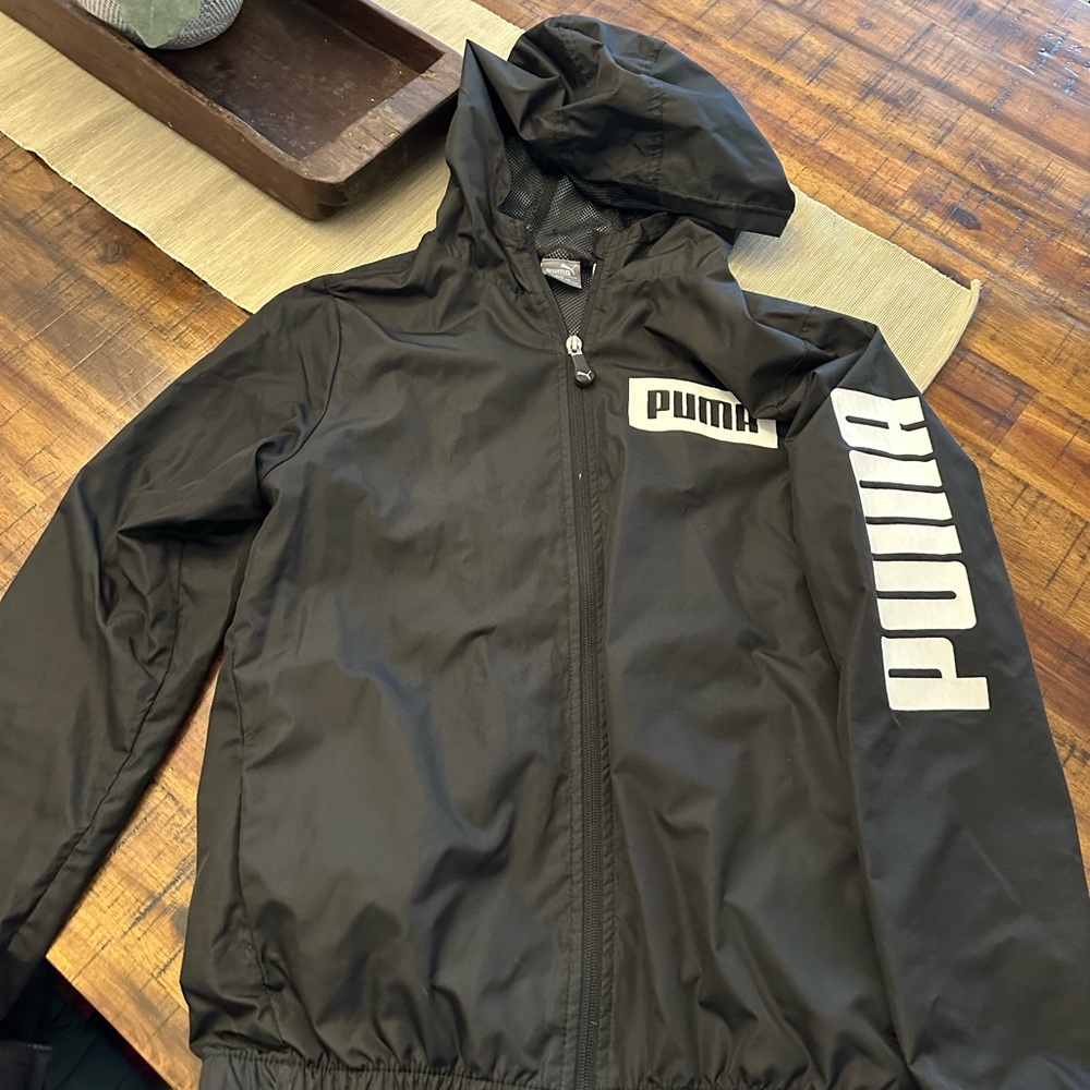 PUMA Black Raincoat with Hood and Full-Length Zipper